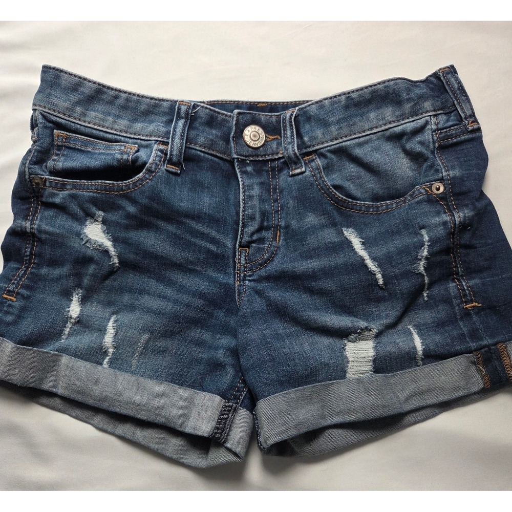 Express Jeans Womens 4 Blue Midi Low Rise Distressed Cuffed Denim Shorts